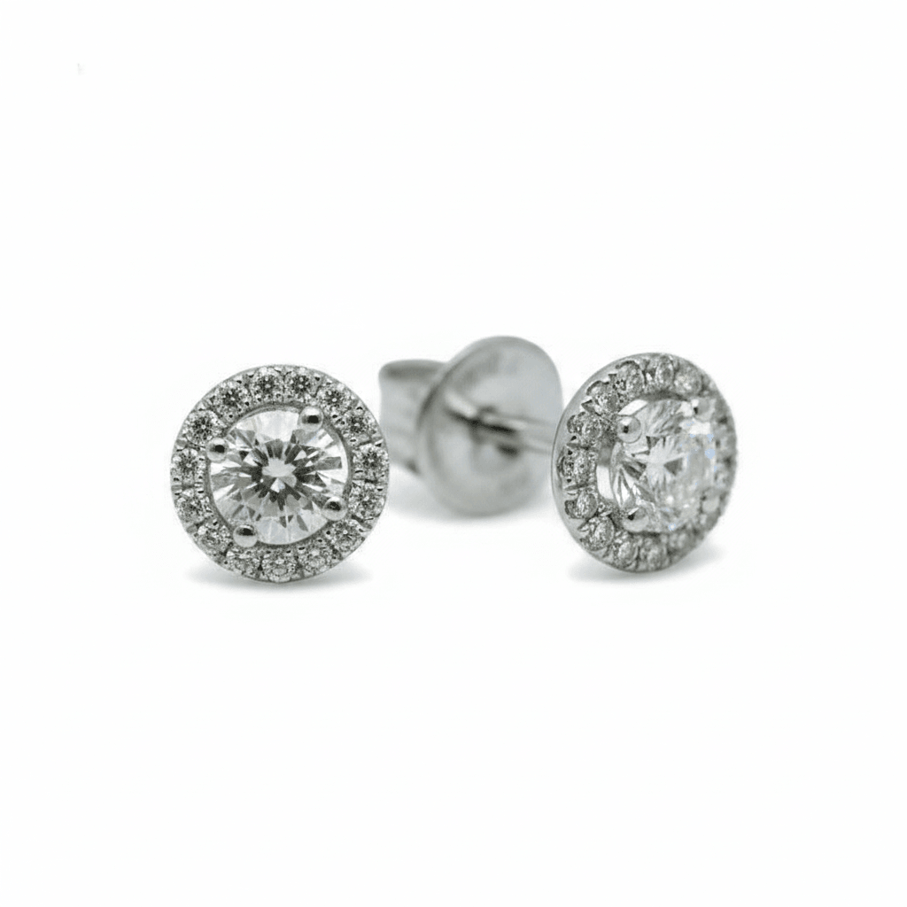 18k White Gold 0.50ct Total Round Halo Setting Diamond Earring Studs
