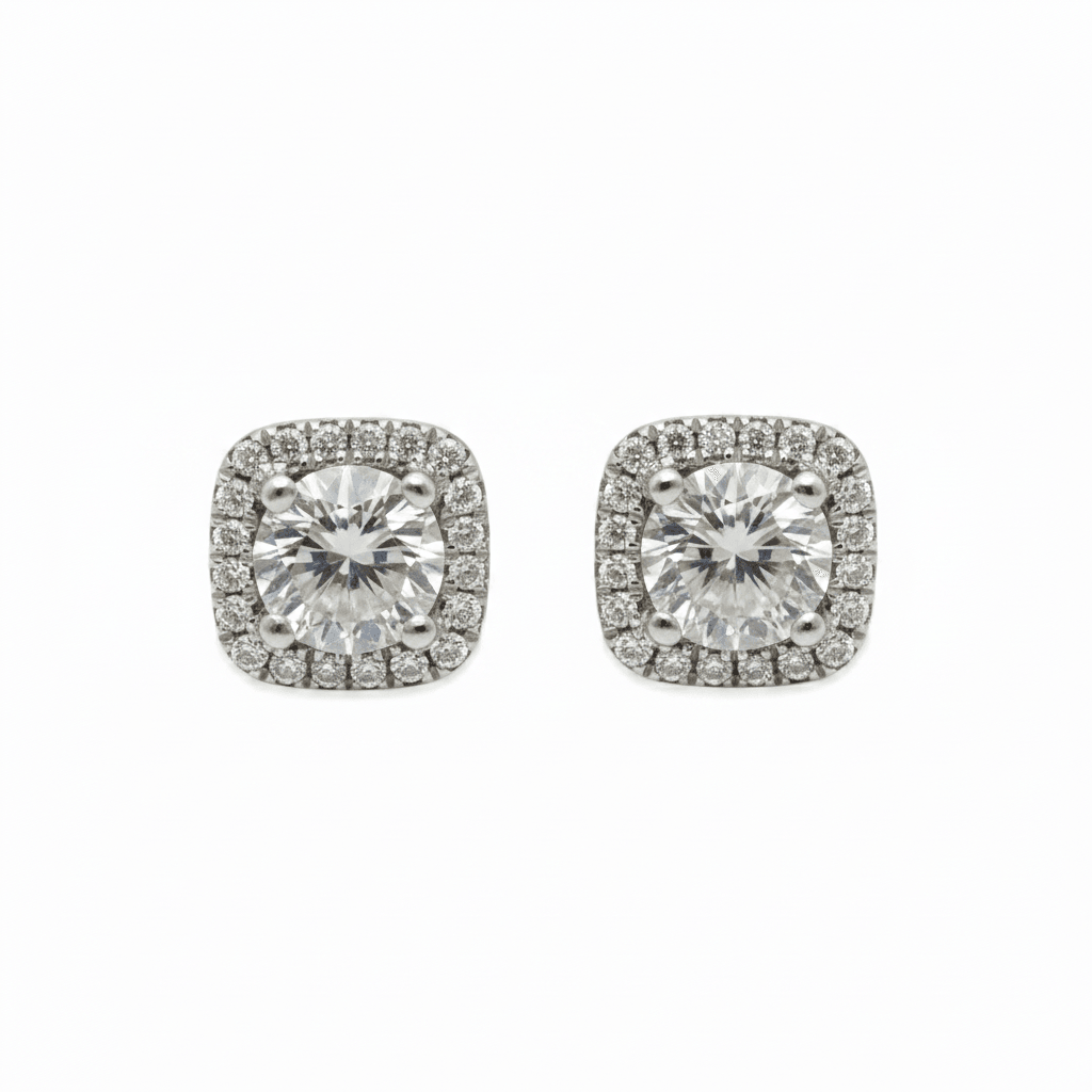 18k White Gold 0.50ct Total Square Halo Setting Diamond Earring Studs