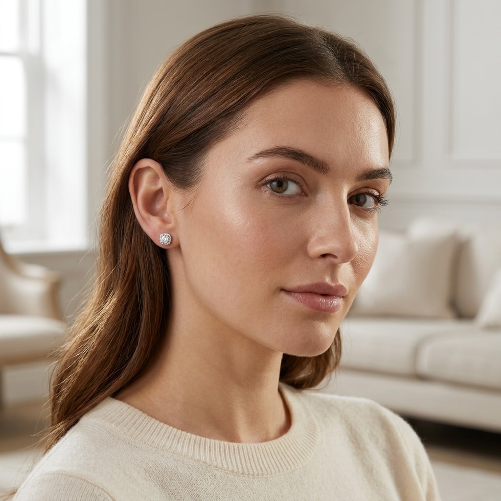 18k_White_Gold_0_50ct_Total_Square_Halo_Setting_Diamond_Earring_Studs_On_Model