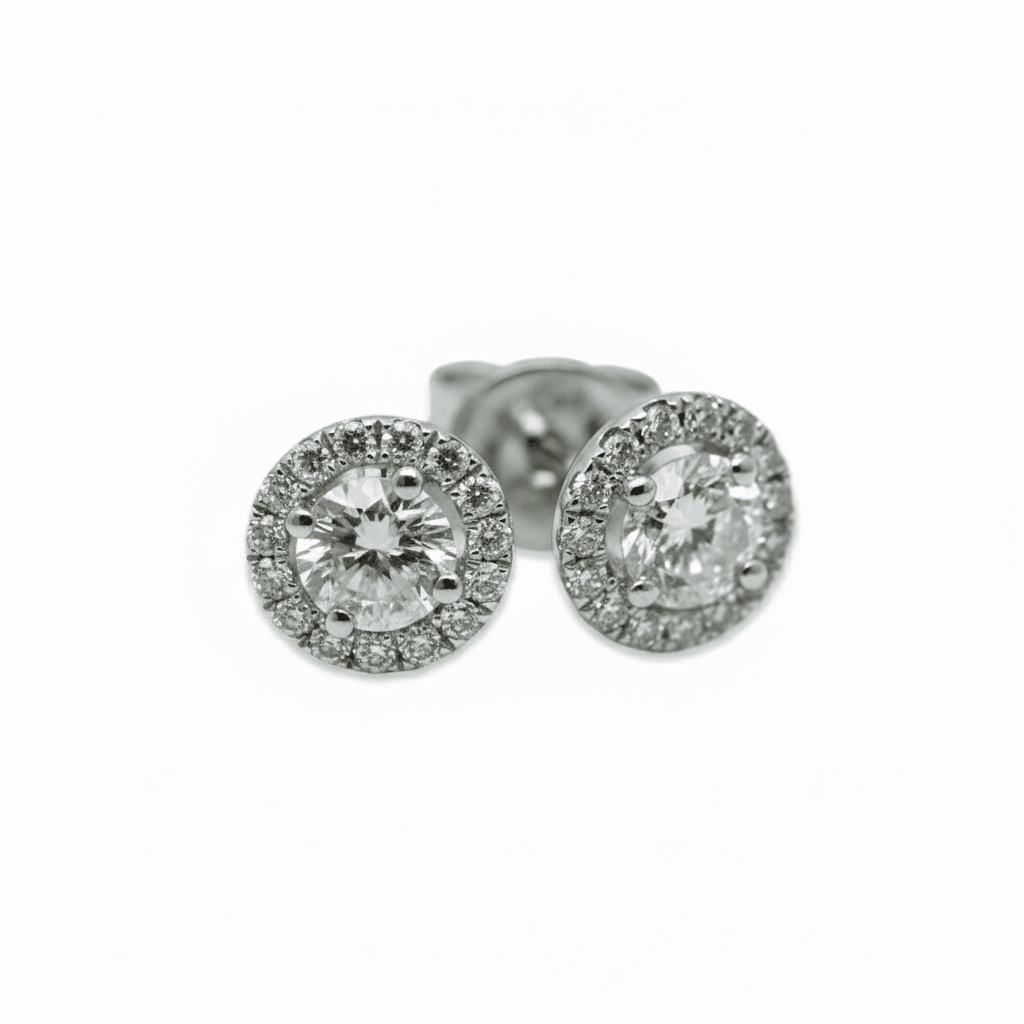 18k White Gold 0.70ct Total Round Halo Setting Diamond Earring Studs