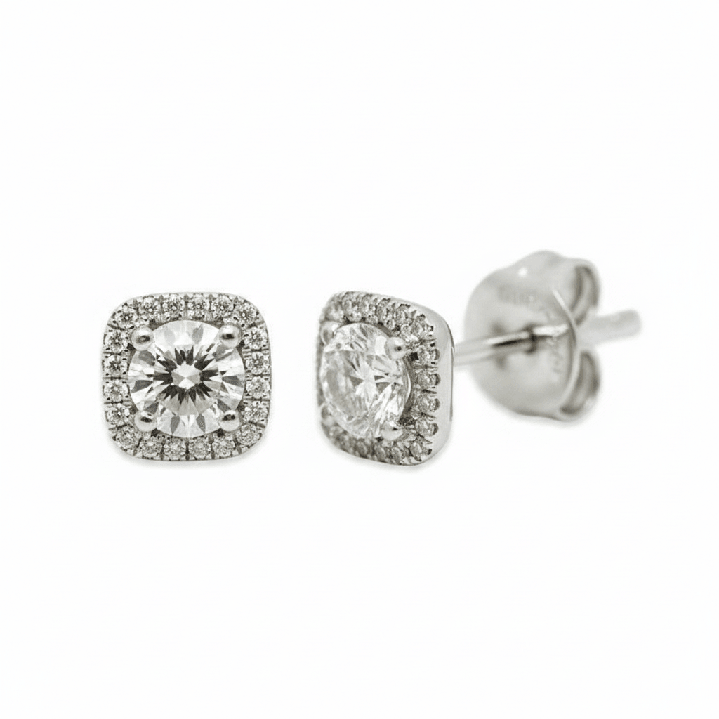 18k White Gold 0.70ct Total Square Halo Setting Diamond Earring Studs