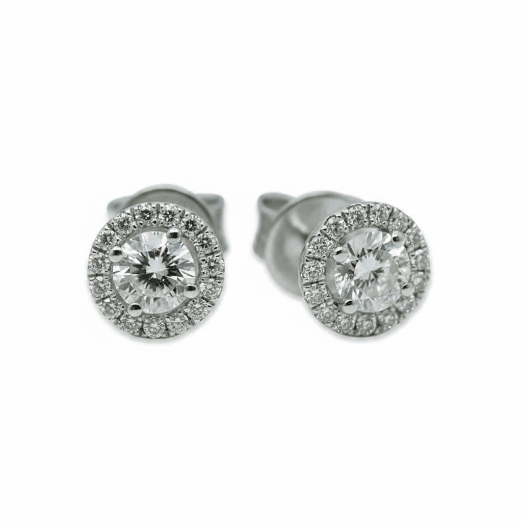18k White Gold 1ct Total Round Halo Setting Diamond Earring Studs
