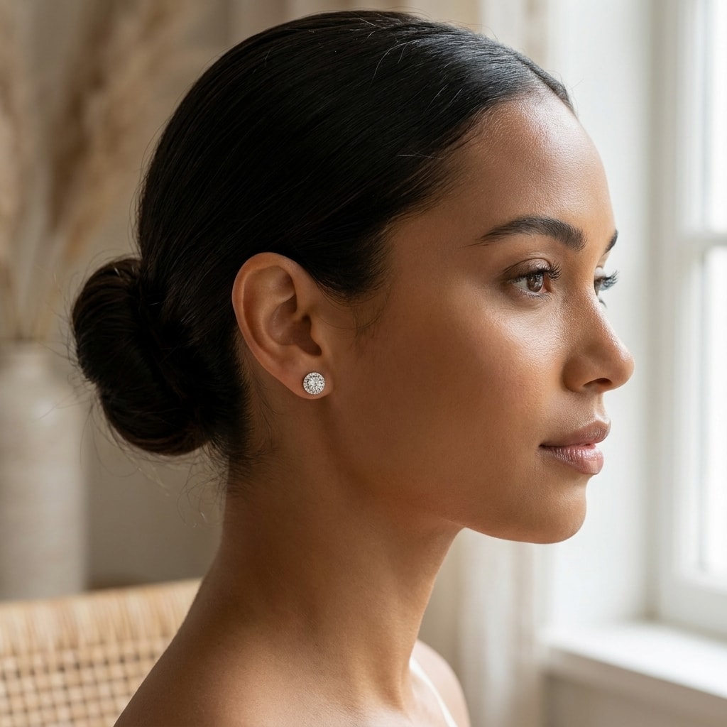 18k_White_Gold_1ct_Total_Round_Halo_Setting_Diamond_Earring_Studs_On_Model_2