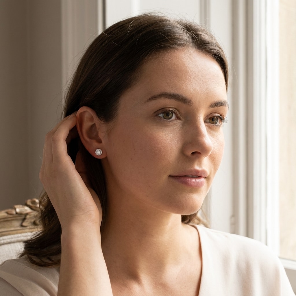 18k_White_Gold_1ct_Total_Round_Halo_Setting_Diamond_Earring_Studs_On_Model