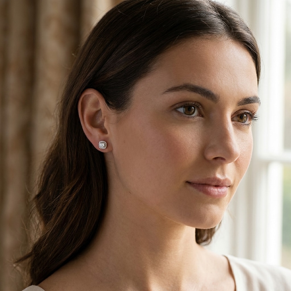 18k_White_Gold_1ct_Total_Square_Halo_Setting_Diamond_Earring_Studs_On_Model