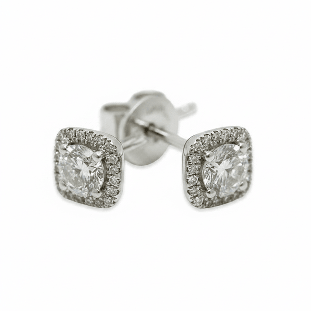 18k White Gold 1ct Total Square Halo Setting Diamond Earring Studs