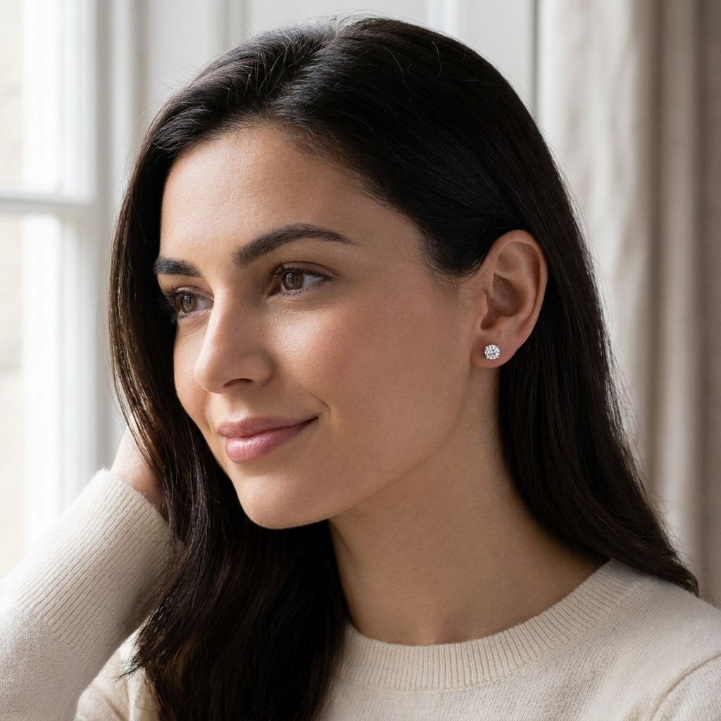 18k_White_Gold_Four_Claw_1ct_Total_Diamond_Earring_Studs_On_Model
