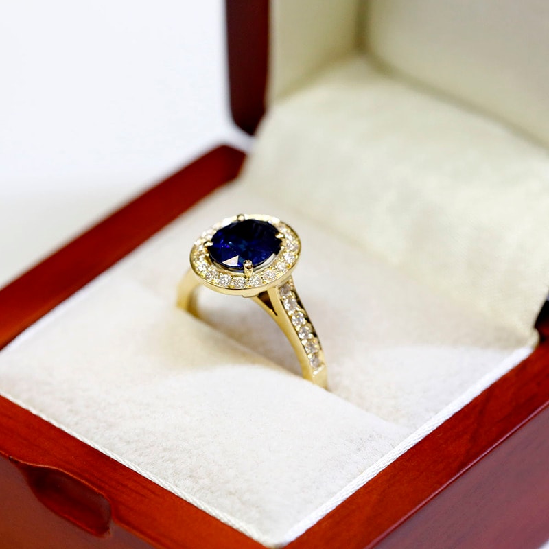 Yellow Gold Blue Oval Sapphire Diamond Halo Engagement Ring view 6