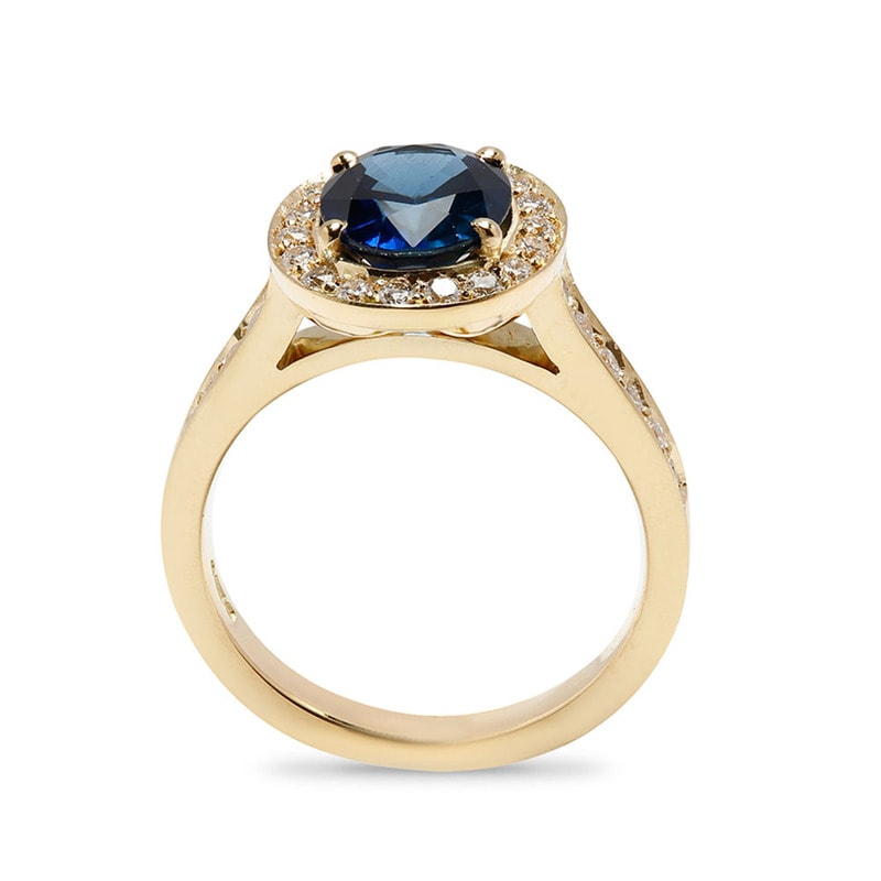 Yellow Gold Blue Oval Sapphire Diamond Halo Engagement Ring view 3