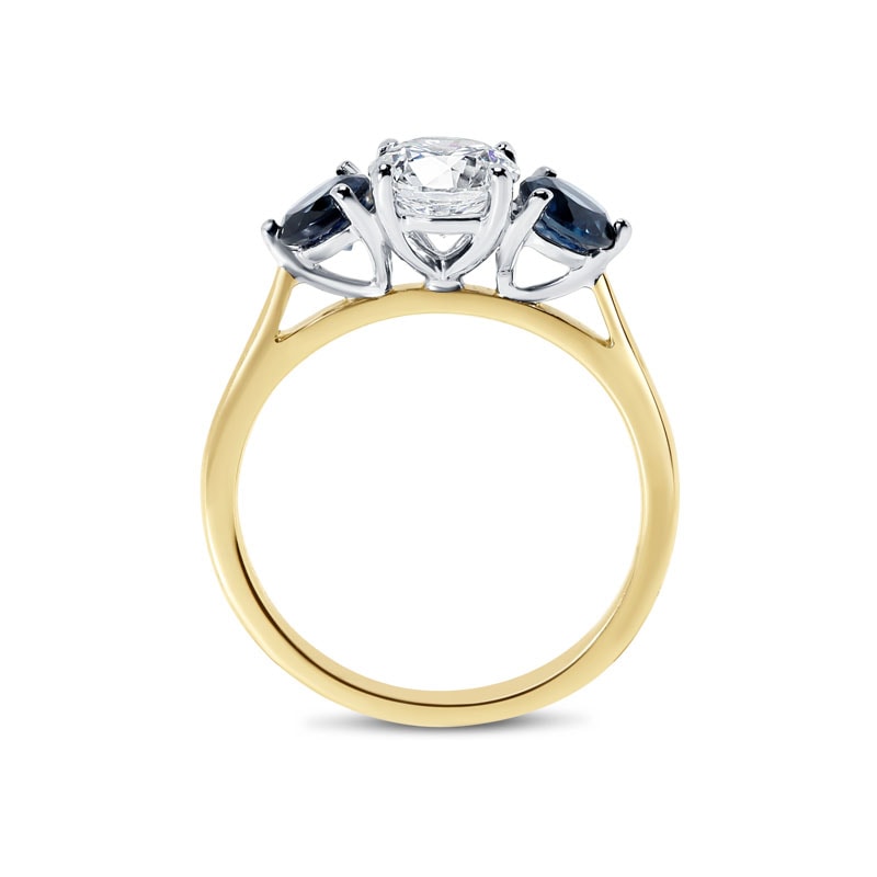 Lab Grown Round Diamond And Teal Sapphires Trilogy Engagement Ring view 3