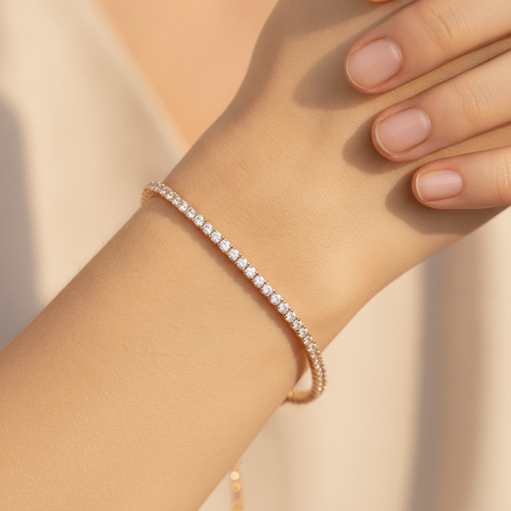 2 Carat Yellow Gold Diamond Tennis Bracelet on wrist macro