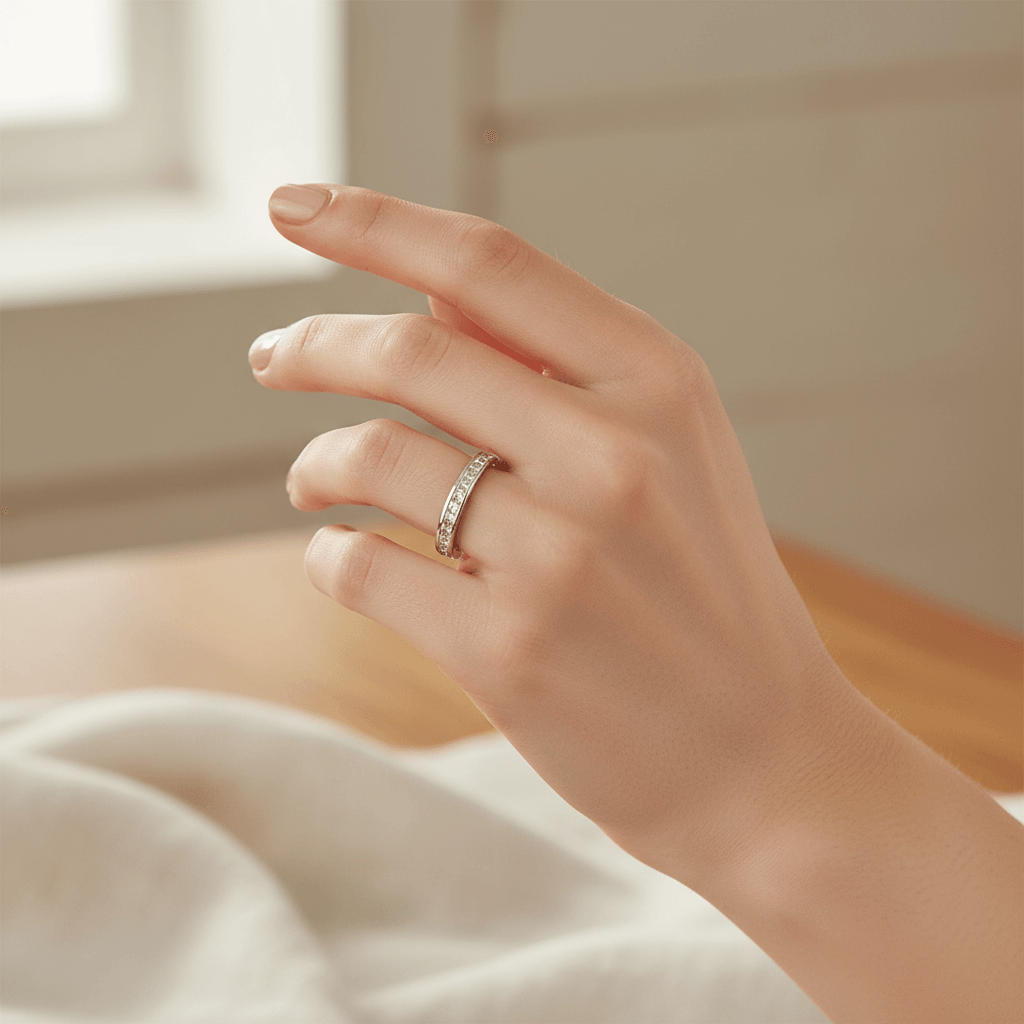 2mm_Channel_Setting_Princess_Cut_Half_Band_Diamond_Wedding_Ring_On_Hand