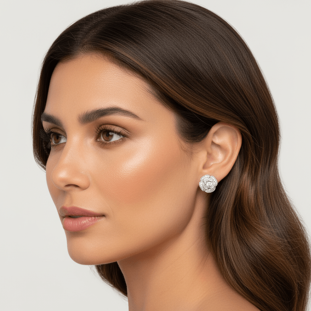 3d_Rose_Shape_Diamond_Earrings_Studs_On_Model_2