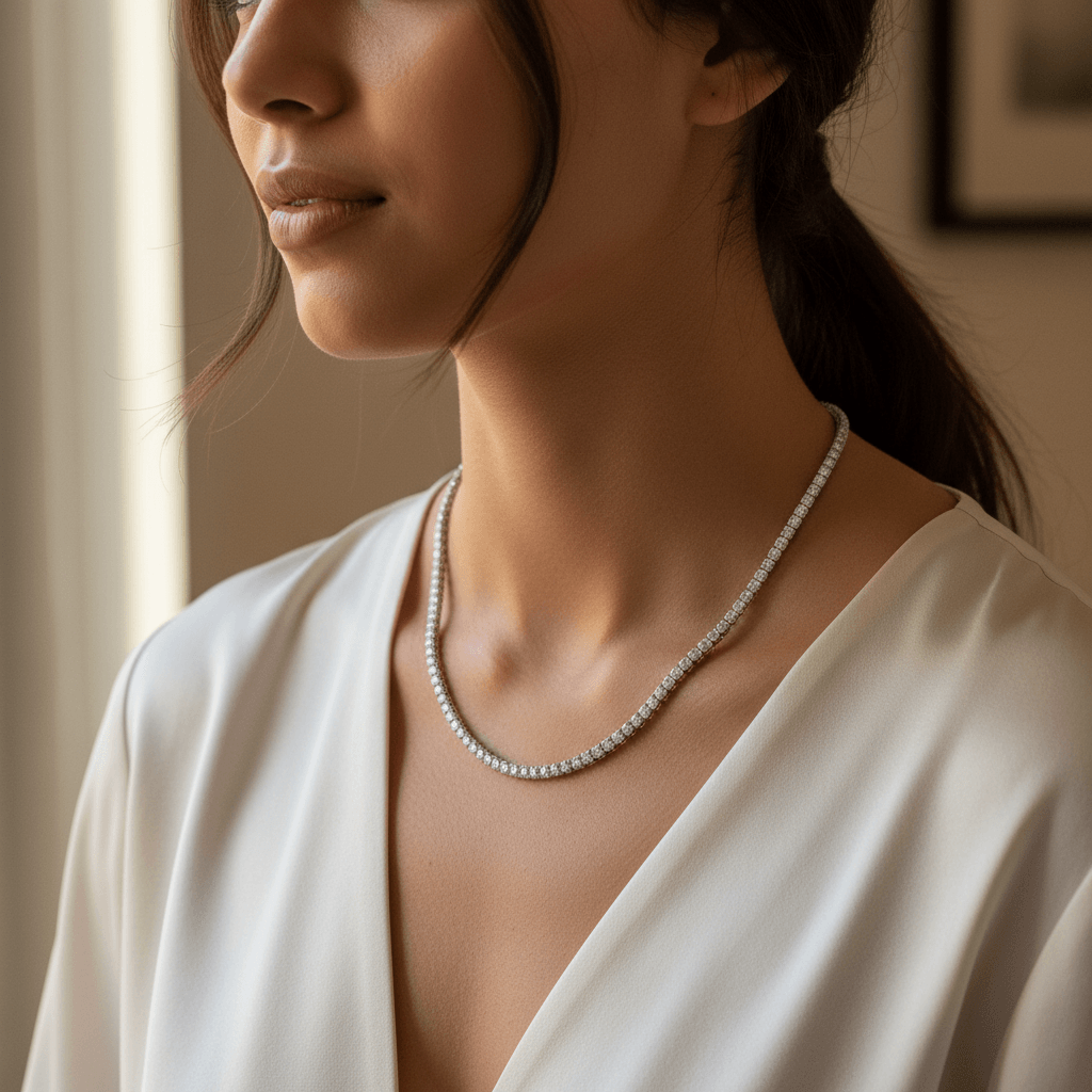 4ct Diamond Tennis Necklace On Model