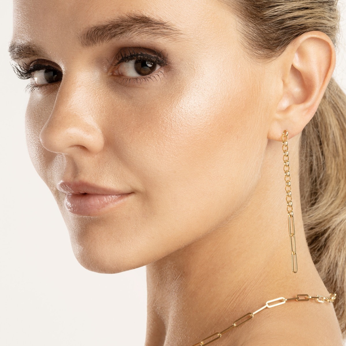 Paper Clip Long Drop Gold Earrings view 2