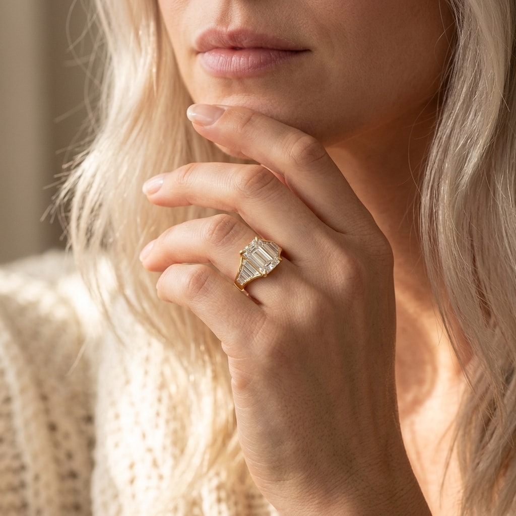 Angelina Jolie Emerald Cut Baguettes Set Diamond Engagement Ring - alternate view