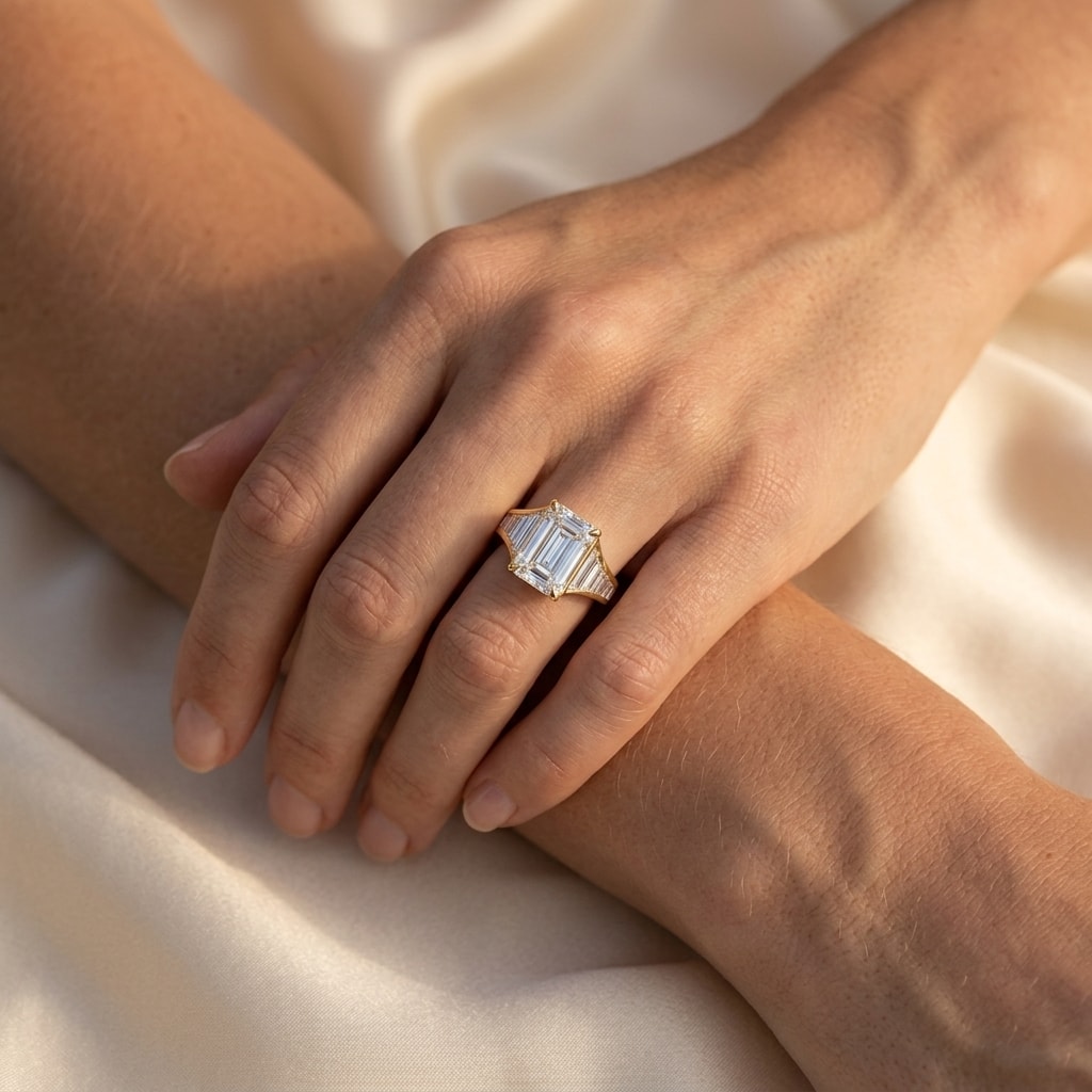 Angelina_Jolie_Emerald_Cut_Baguettes_Set_Diamond_Engagement_Ring_On_Hand