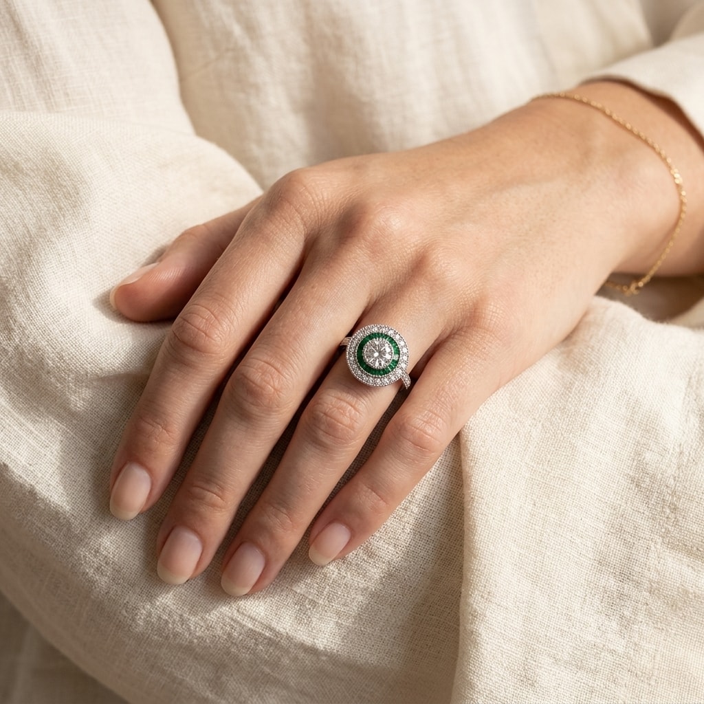 Art_Deco_Inspired_Emerald_and_Diamond_Halo_Engagement_Ring_On_Hand
