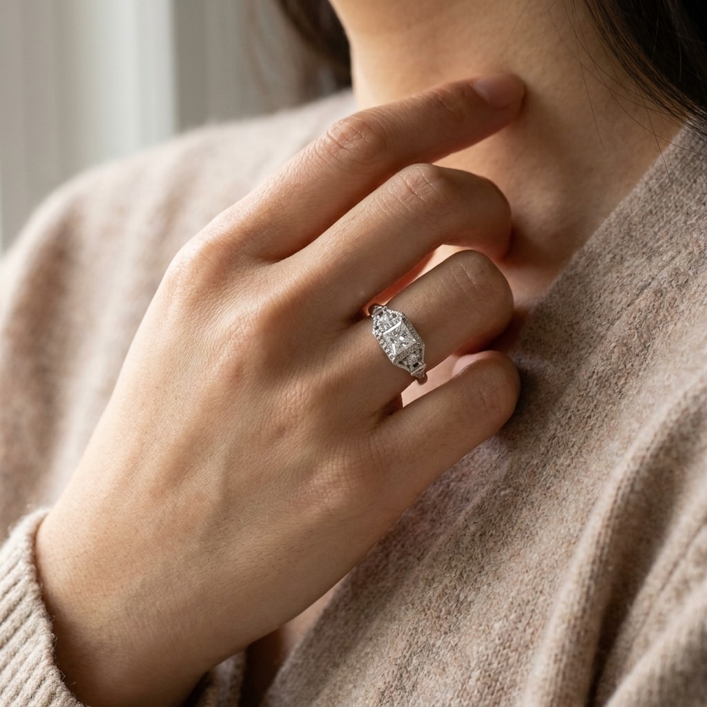 Art_Deco_Princess_Shape_Diamond_Engagement_Ring_On_Hand