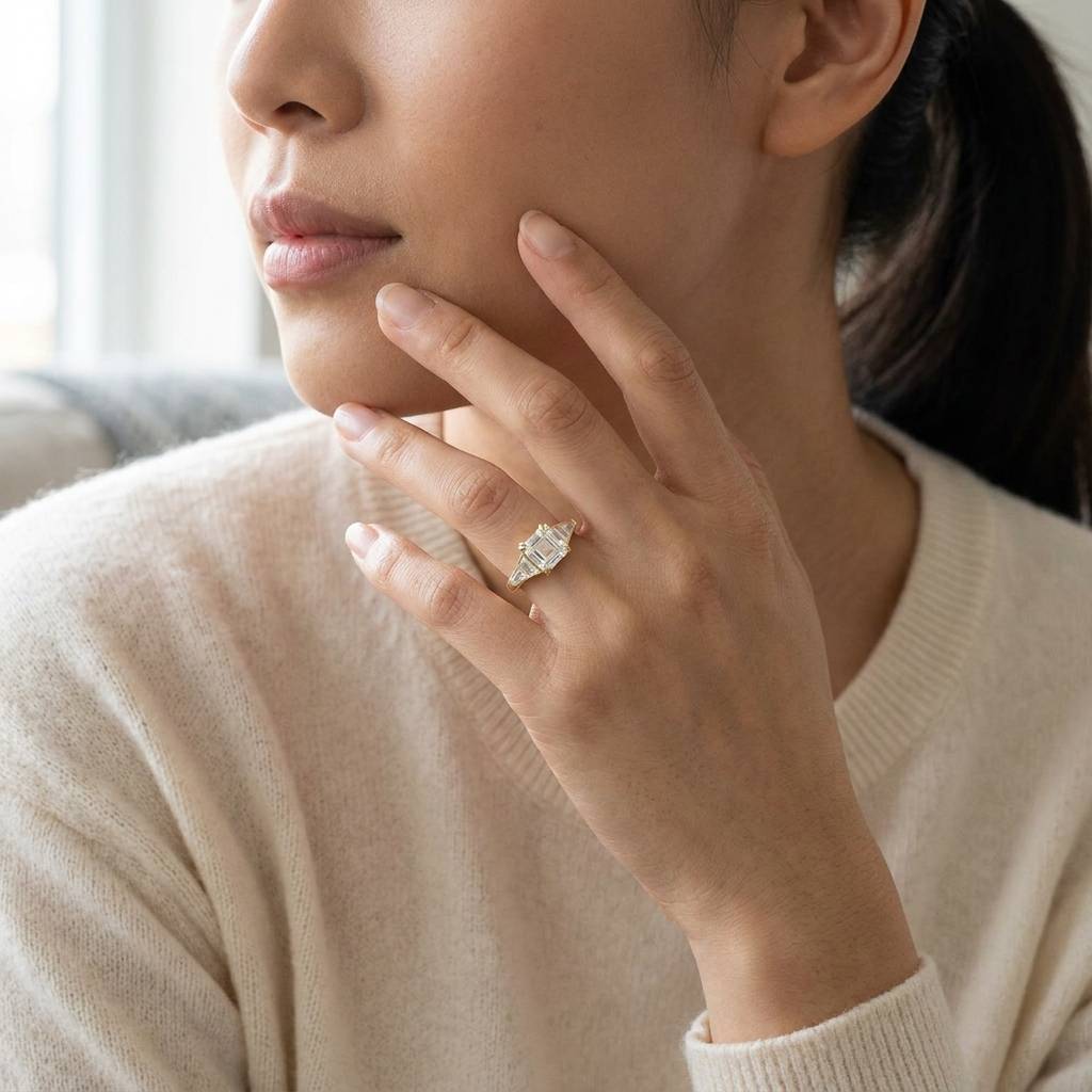 AsscherCut_Trapezoid_and_Bullets_Side_Lab_Grown_Diamond_Engagement_Ring_On_Model
