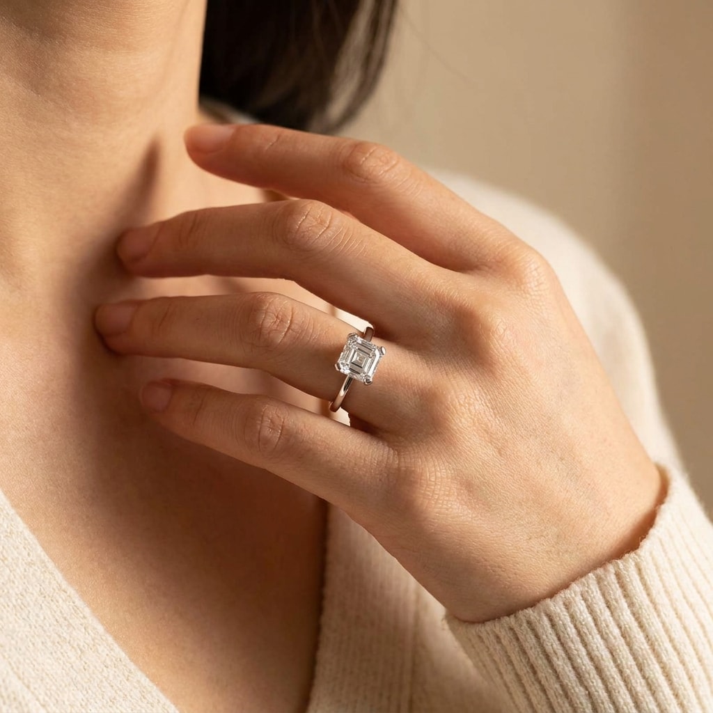 Asscher_Shape_Solitaire_Diamond_Engagement_Ring_On_Hand
