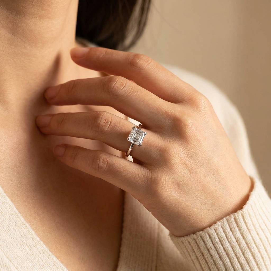 Asscher_Shape_Solitaire_Lab_Grown_Diamond_Engagement_Ring_On_Hand