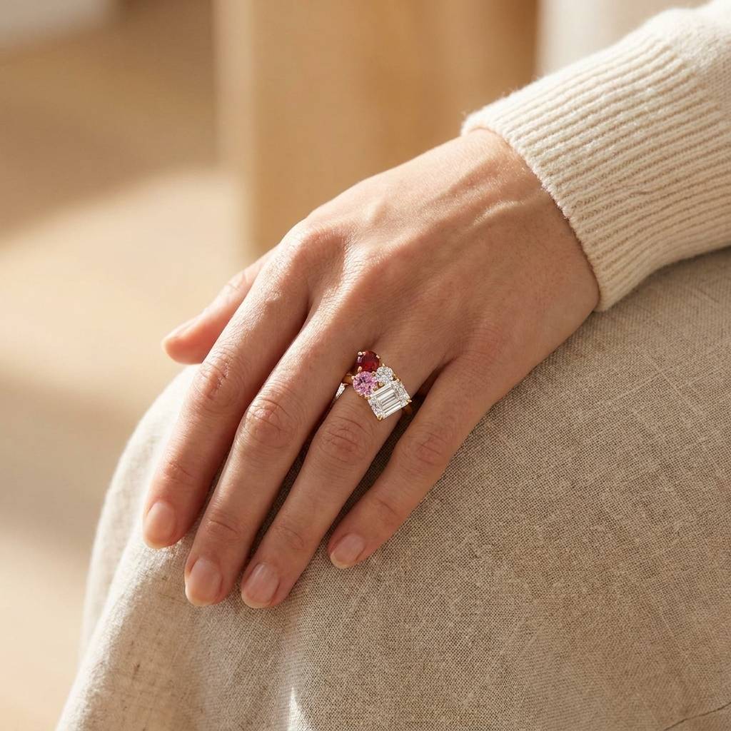 Asymmetrical_Emerald_with_Three_Offset_Round_Brilliant_Cuts_Ring_On_Hand
