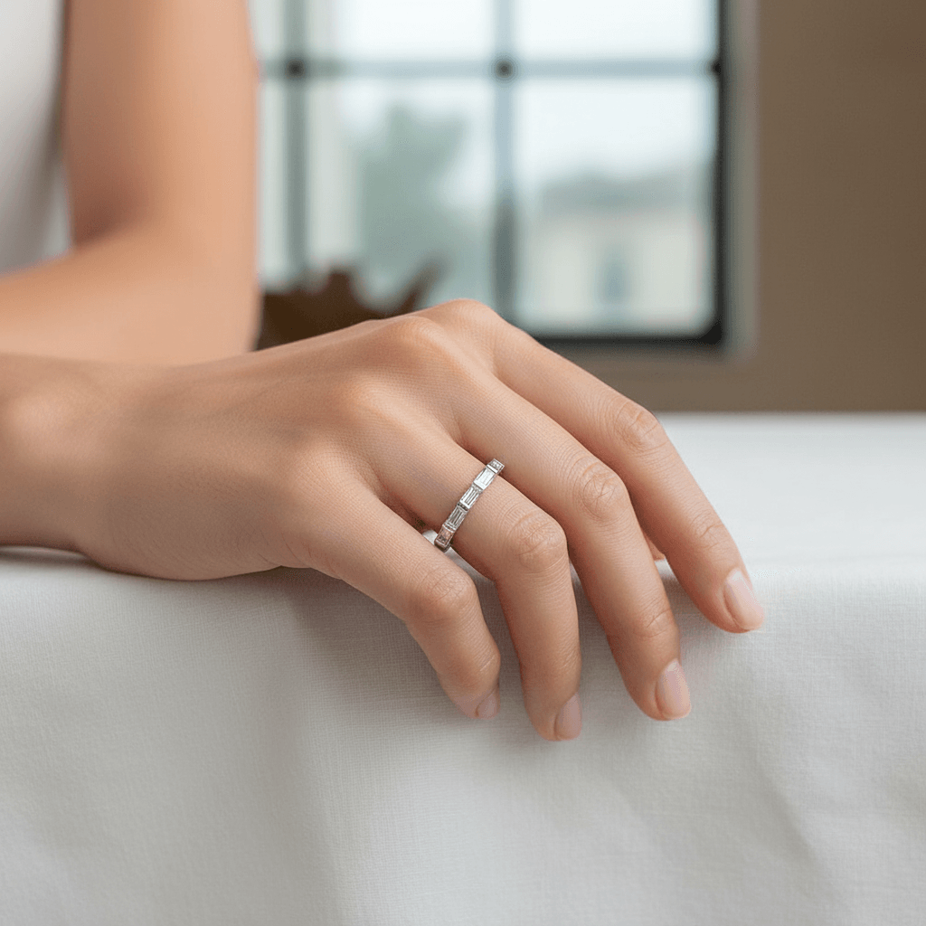 Baguette_Cut_Half_Band_Diamond_Wedding_Ring_On_Hand