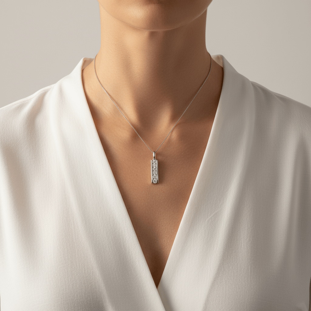 Bar_Set_6_Stone_Drop_Diamond_Pendant_On_Model_2