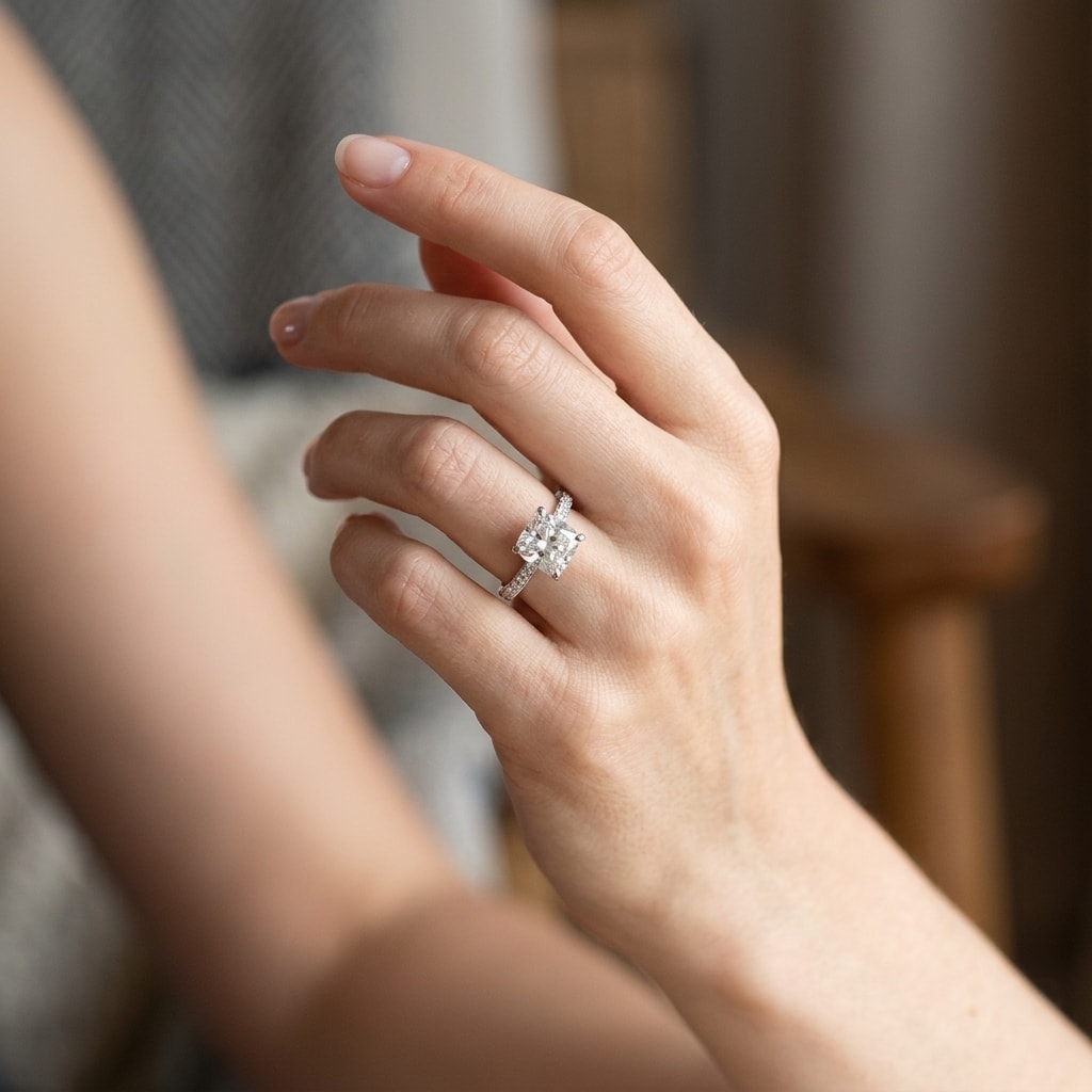 Bespoke_Cushion_Shape_Diamond_Engagement_Ring_On_Hand