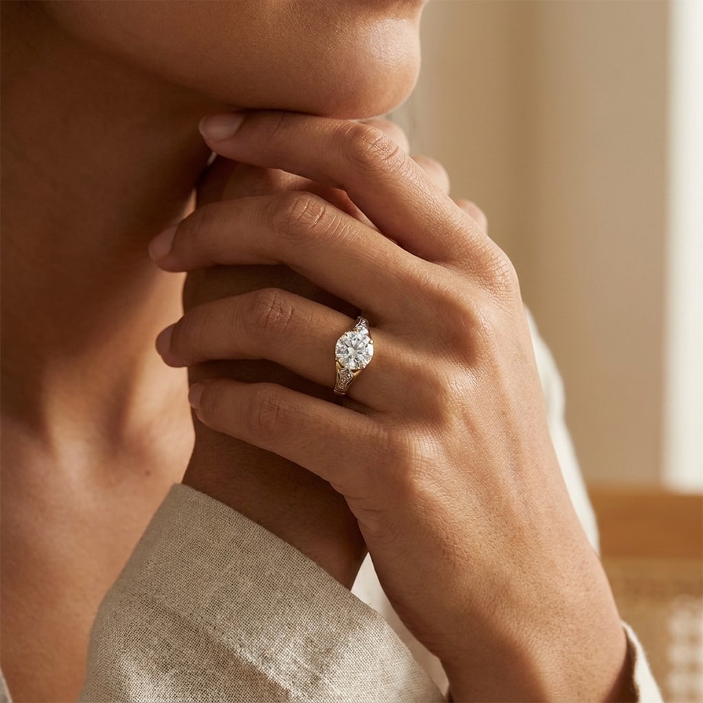Bespoke_Vintage_Lab_Grown_Diamond_Engagement_Ring_On_Hand