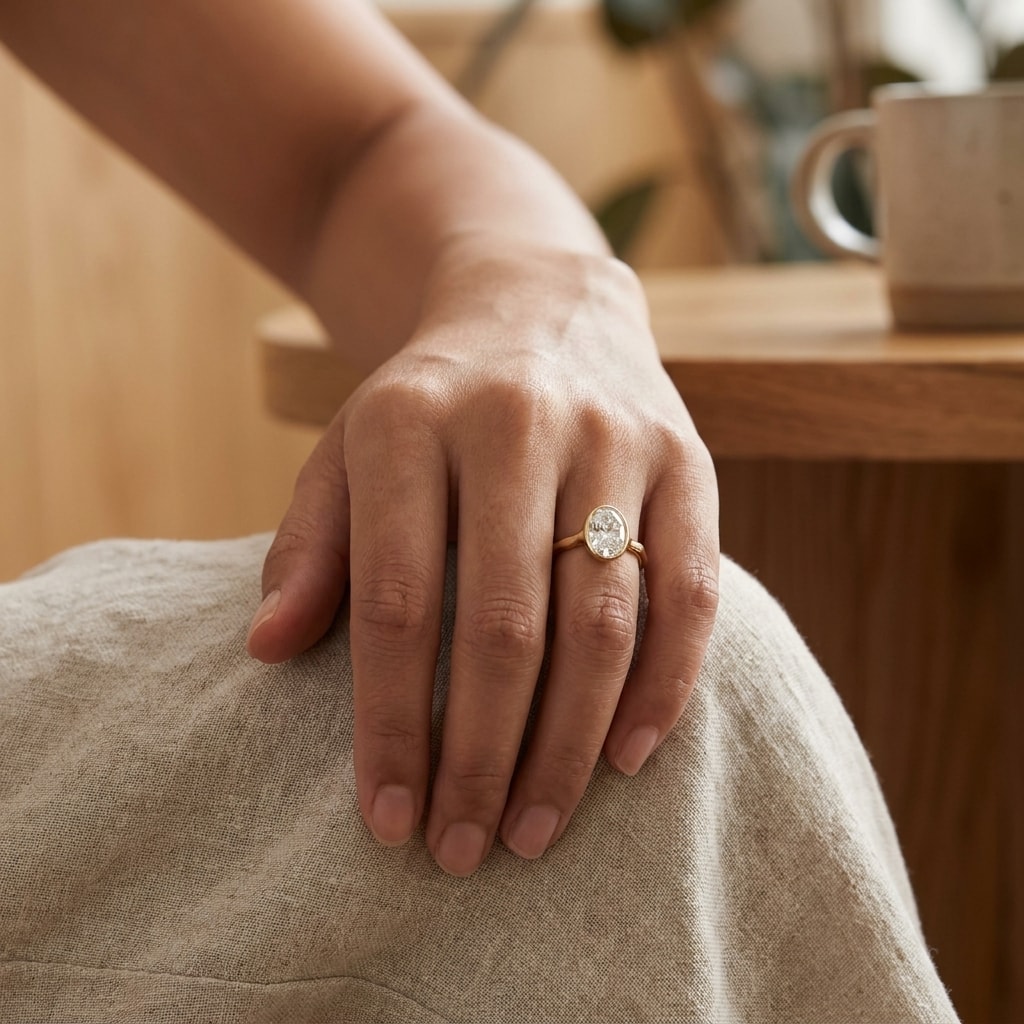 Bezel_Oval_Contemporary_Diamond_Engagement_Ring_On_Hand