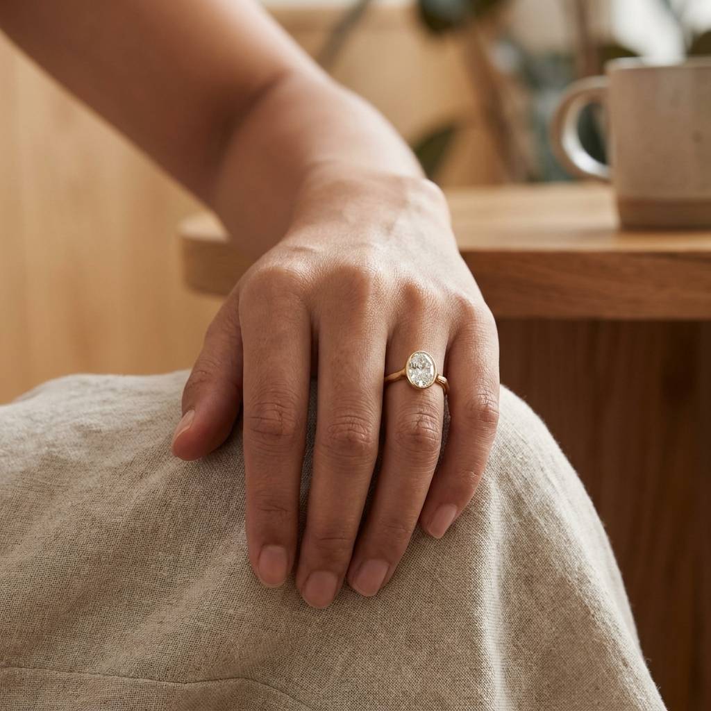 Bezel_Oval_Contemporary_Lab_Grown_Diamond_Engagement_Ring_On_Hand