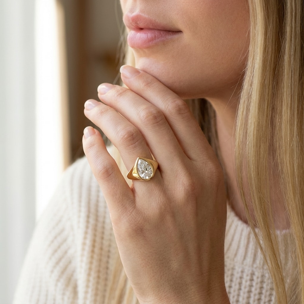 Bezel Pear Shape Signet Style Diamond Engagement Ring - alternate view