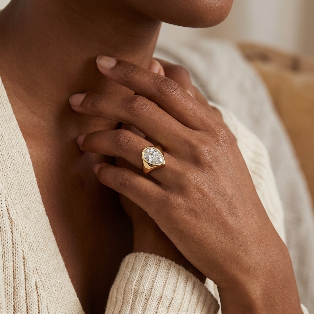 Bezel_Pear_Shape_Signet_Style_Diamond_Engagement_Ring_On_Hand