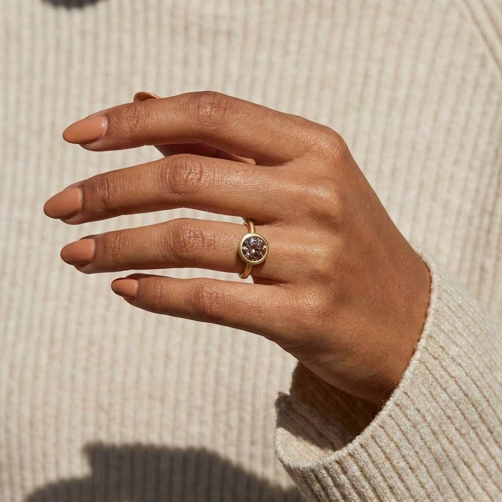 Bezel Round Pink Lab Grown Contemporary Diamond Engagement Ring On Hand