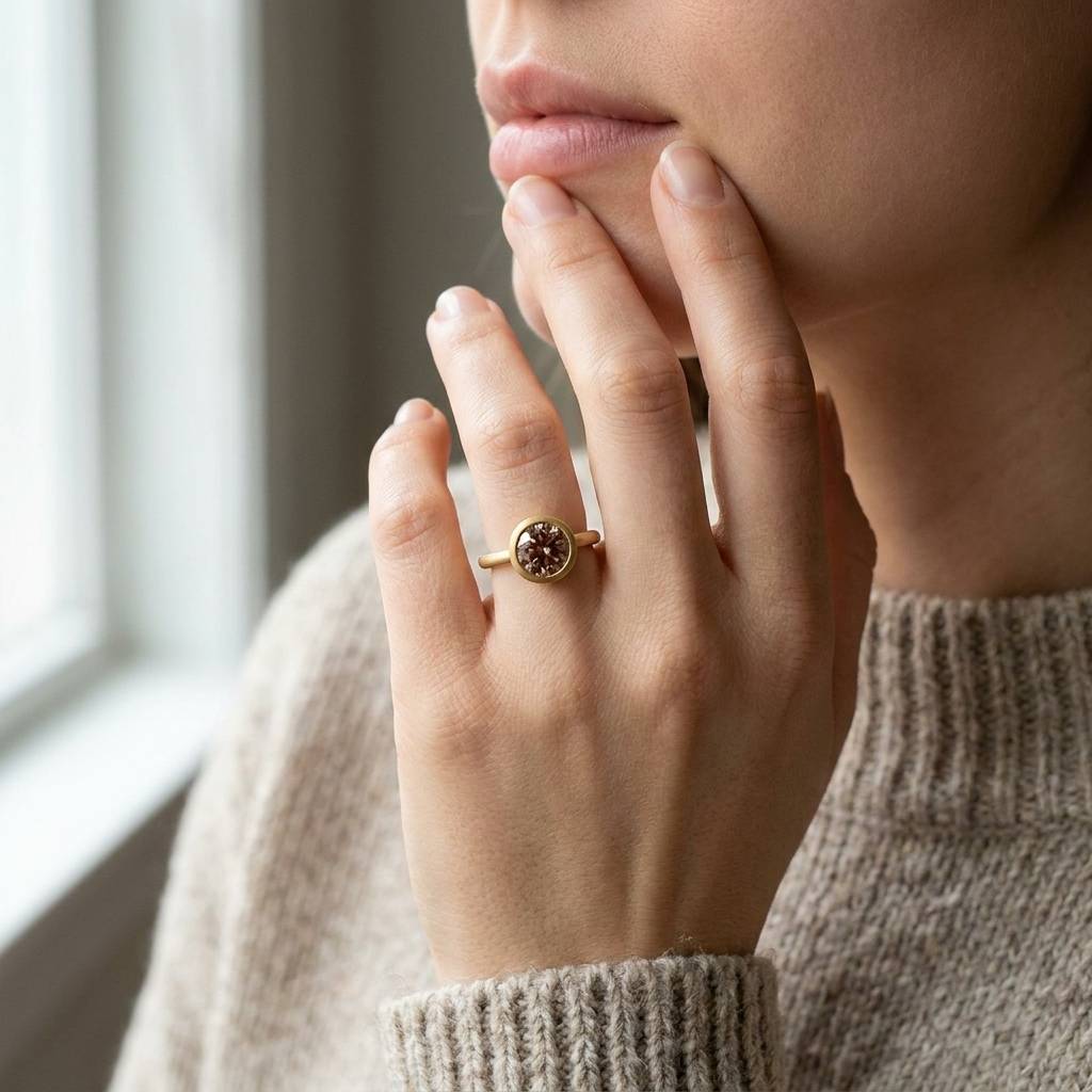 Bezel_Round_Pink_Lab_Grown_Contemporary_Diamond_Engagement_Ring_On_Model