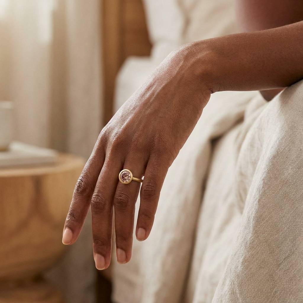 Bezel_Round_Pink_Lab_Grown_Contemporary_Diamond_Engagement_Ring_On_Hand