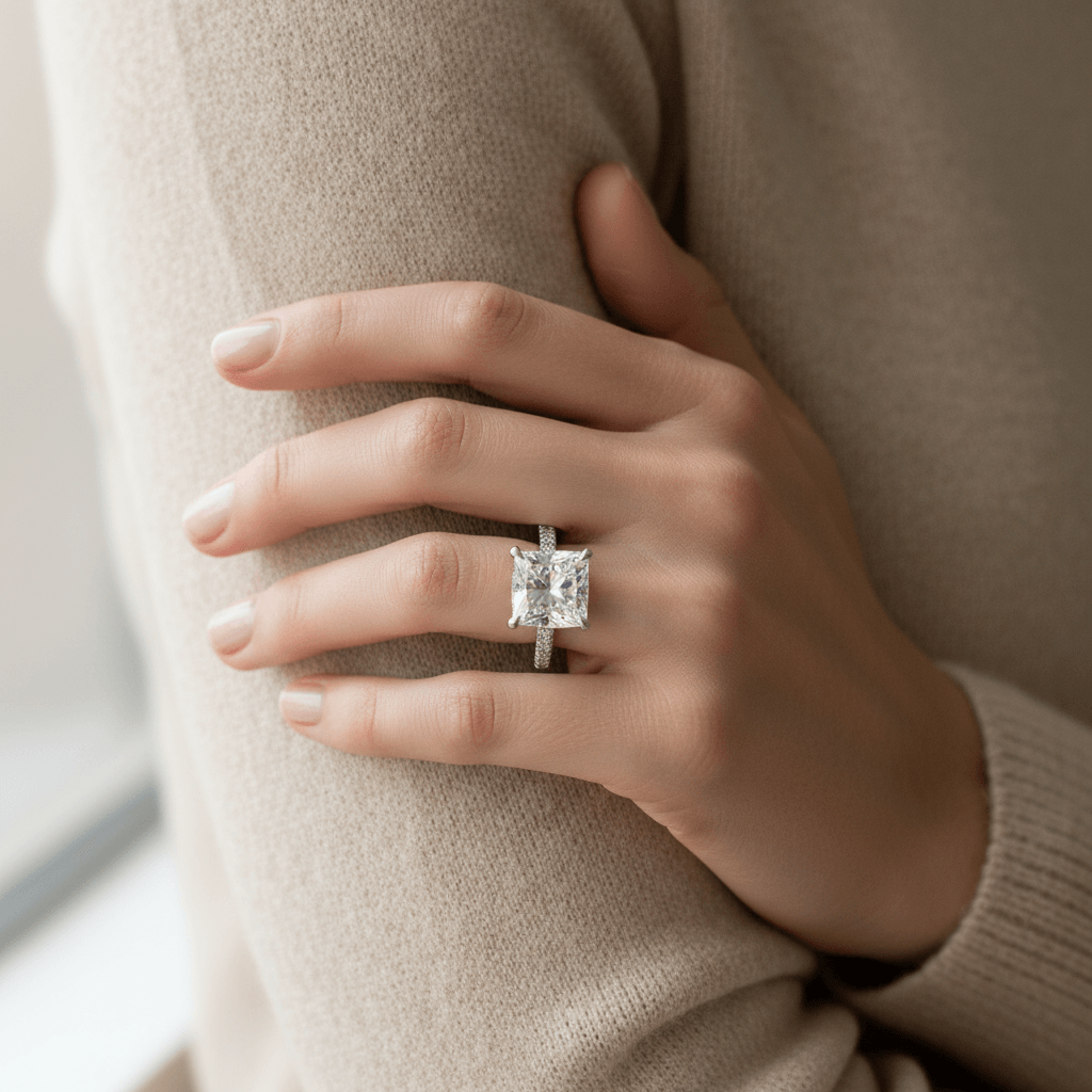 Big Princess Shape Under Halo Diamond Engagement Ring On Hand