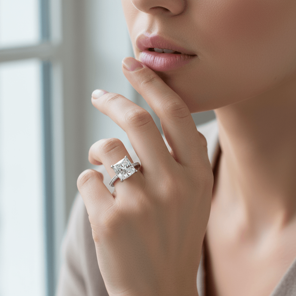 Big Princess Shape Under Halo Lab Grown Diamond Engagement Ring On Model