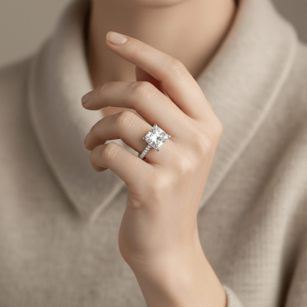 Big Princess Shape Under Halo Lab Grown Diamond Engagement Ring On Hand