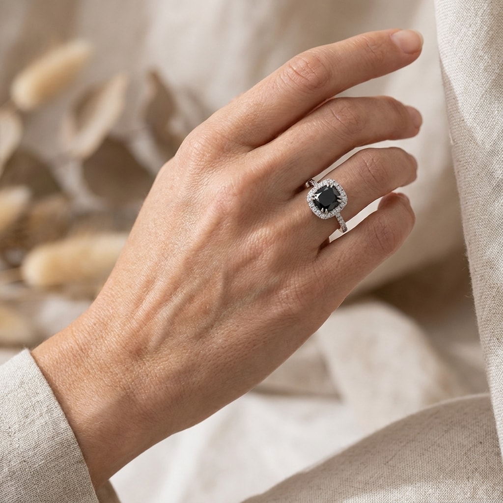 Black_Diamond_Cushion_Cut_Halo_Engagement_Ring_On_Hand