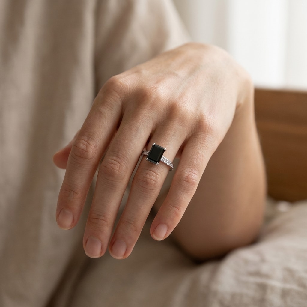 Black_Diamond_Emerald_Cut_Princess_Channel_Set_Engagement_Ring_On_Hand