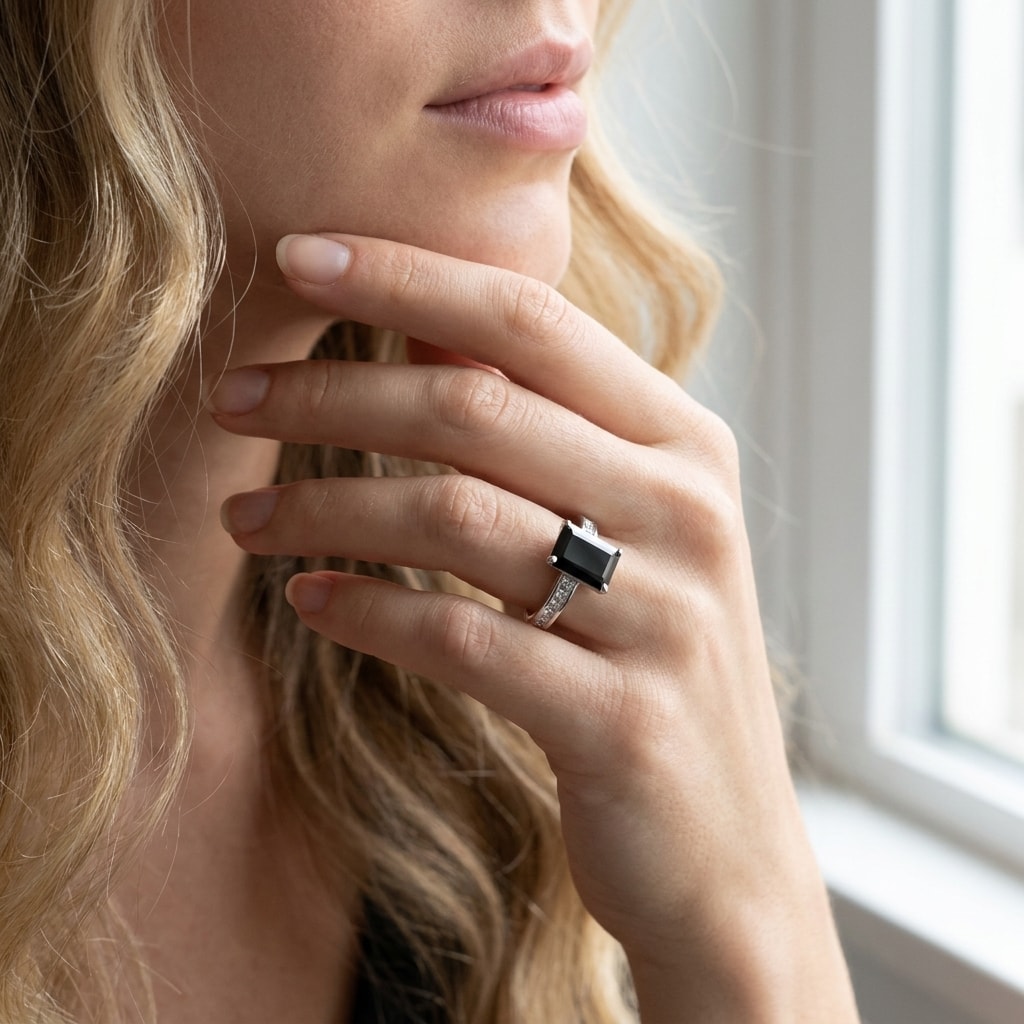 Black_Diamond_Emerald_Cut_Princess_Channel_Set_Engagement_Ring_On_Model