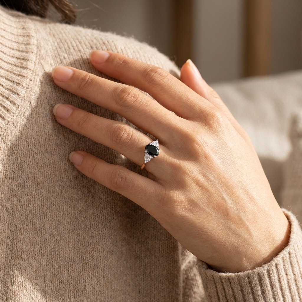 Black_Diamond_Oval_Side_Trilliant_Engagement_Ring_On_Hand