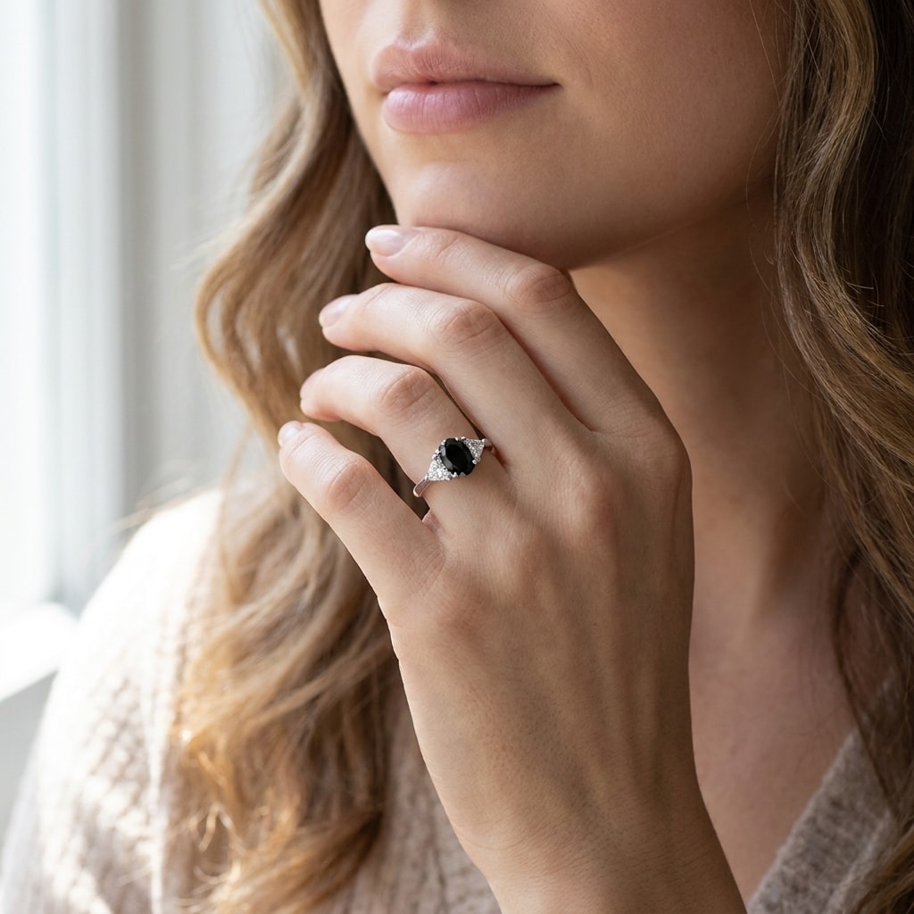 Black_Diamond_Oval_Side_Trilliant_Platinum_Engagement_Ring_On_Model