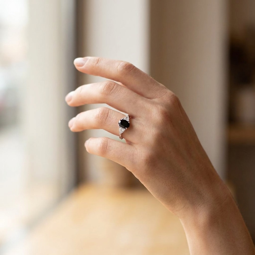 Black_Diamond_Oval_Side_Trilliant_Platinum_Engagement_Ring_On_Hand