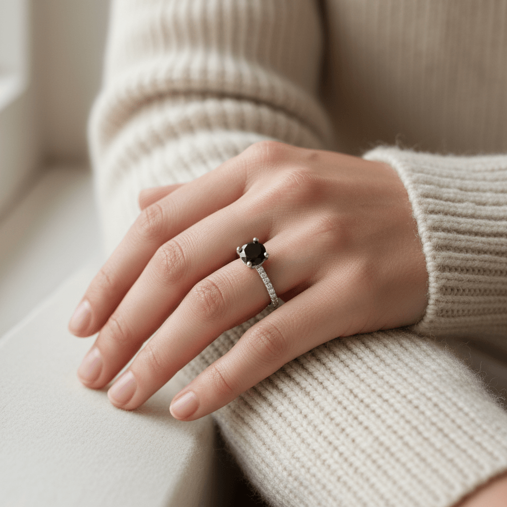 Black Diamond Round Shape Hidden Halo Engagement Ring view 7