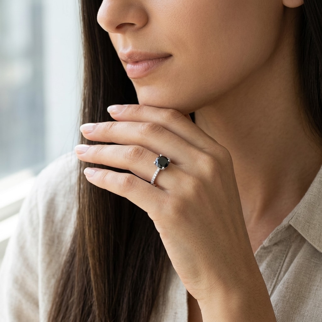 Black Diamond Round Shape Hidden Halo Engagement Ring - alternate view