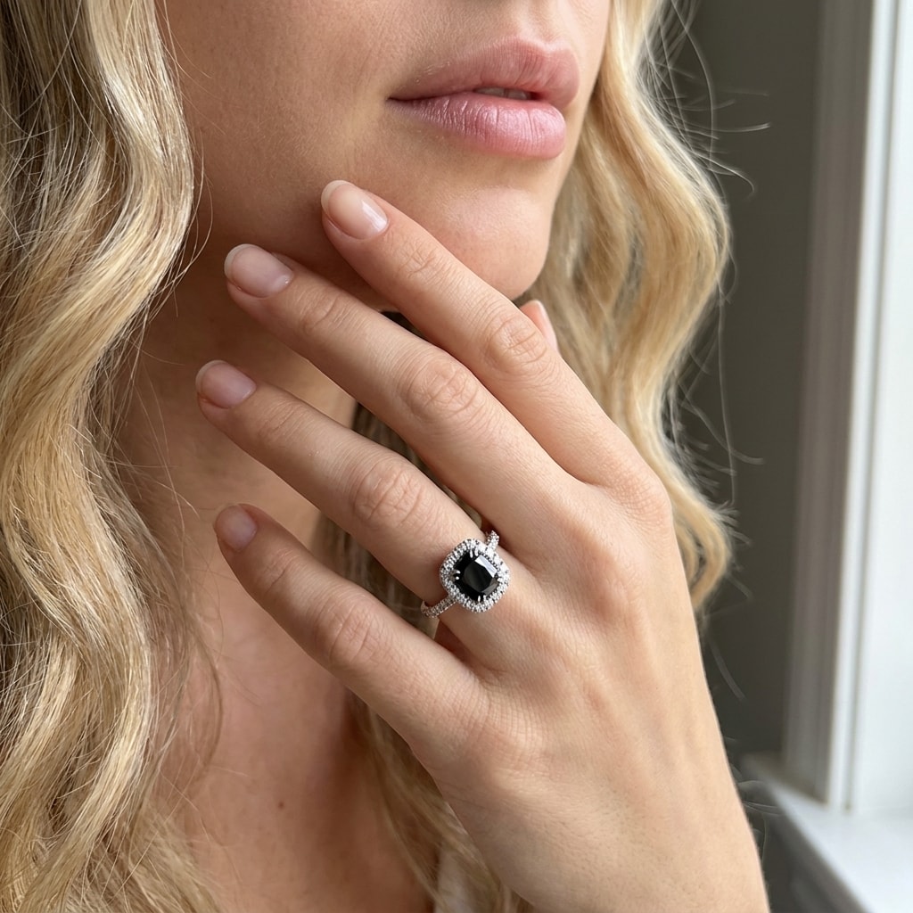 Black_Lab_Grown_Diamond_Cushion_Cut_Halo_Engagement_Ring_On_Model